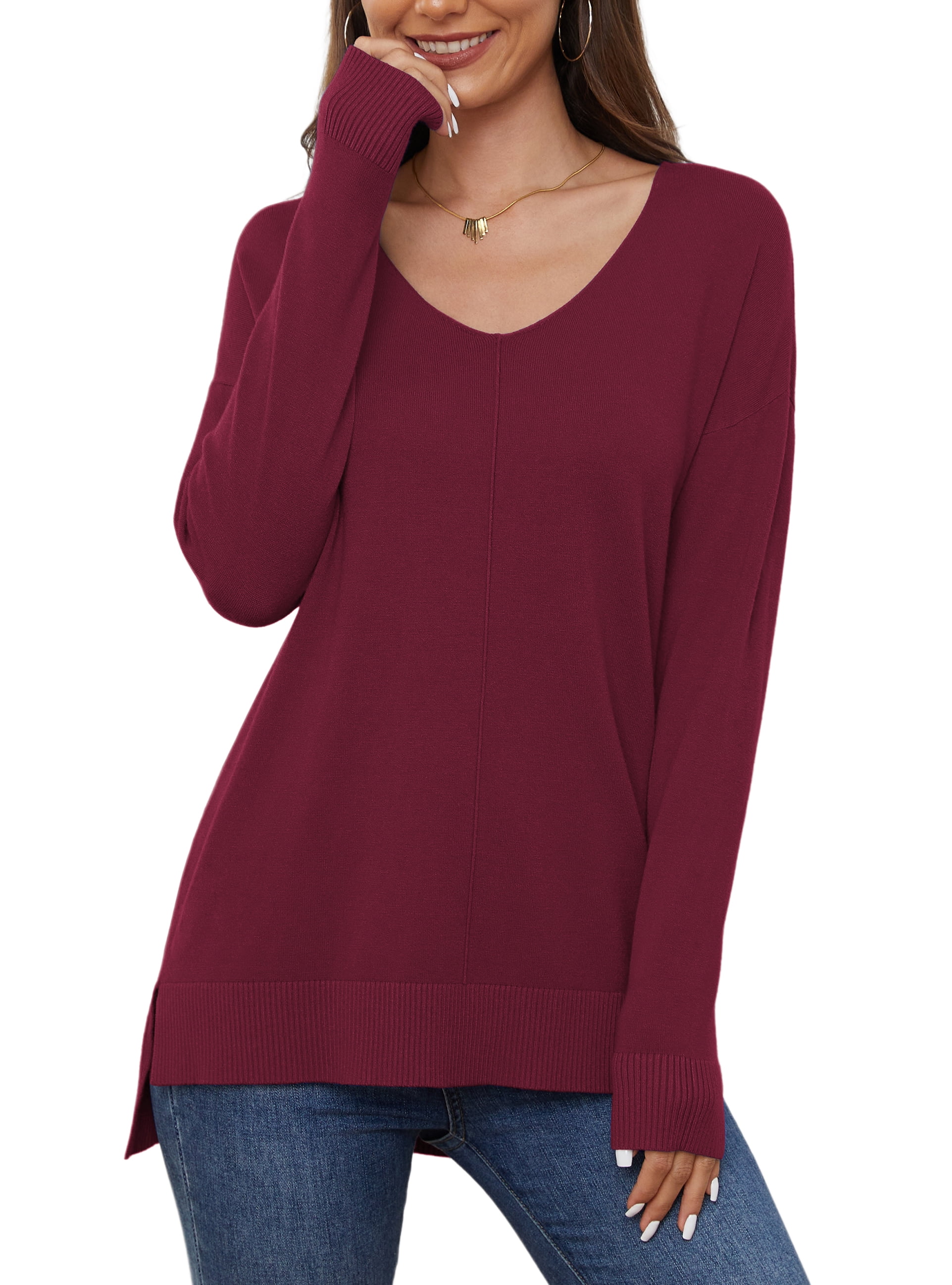 Uvplove V Neck Sweaters for Women Fall Lightweight Knit Pullover Sweater Blouse,US Size Large In Wine Red
