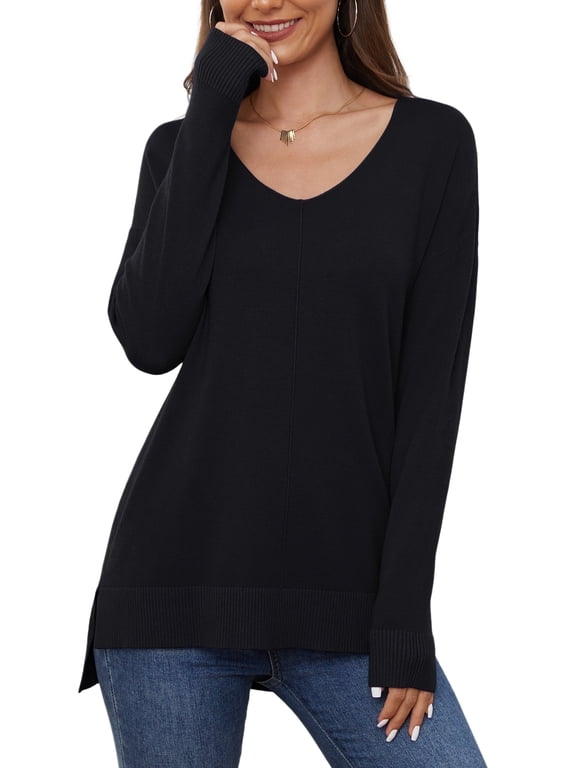 V Neck Sweaters for Women Lightweight Knit Pullover Sweater,US Size S-2XL In Black