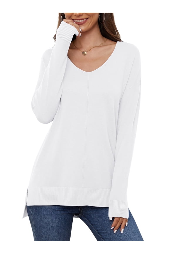 V Neck Sweaters for Women Lightweight Knit Pullover Sweater,US Size S-2XL In White