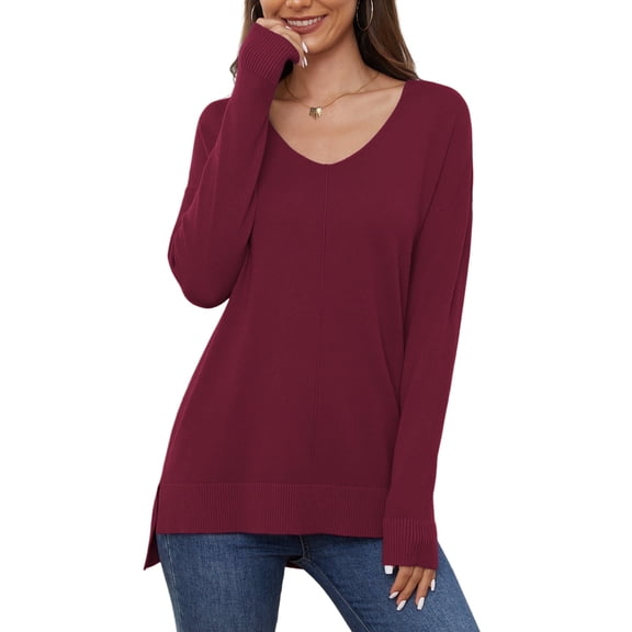 Uvplove V Neck Sweaters for Women Lightweight Knit Pullover Sweater,US Size S-2XL In Wine Red