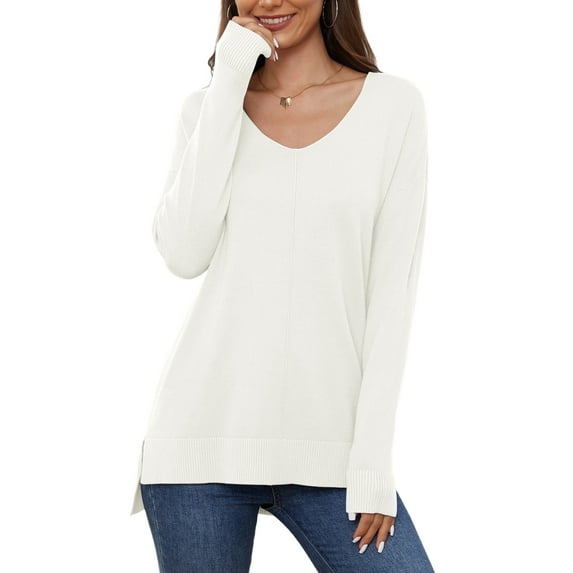 Uvplove V Neck Sweaters for Women Lightweight Knit Pullover Sweater,US Size S-2XL In Beige White
