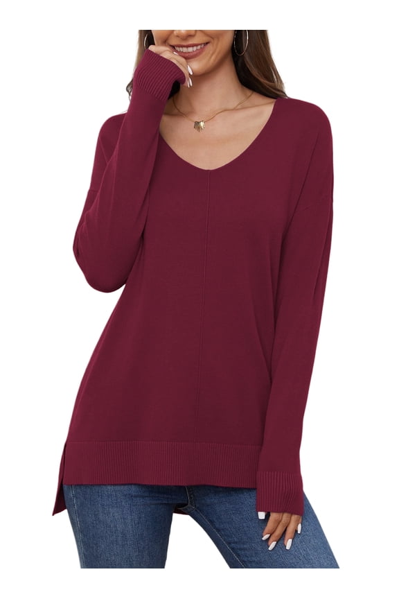 V Neck Sweaters for Women Lightweight Knit Pullover Sweater,US Size S-2XL In Wine Red