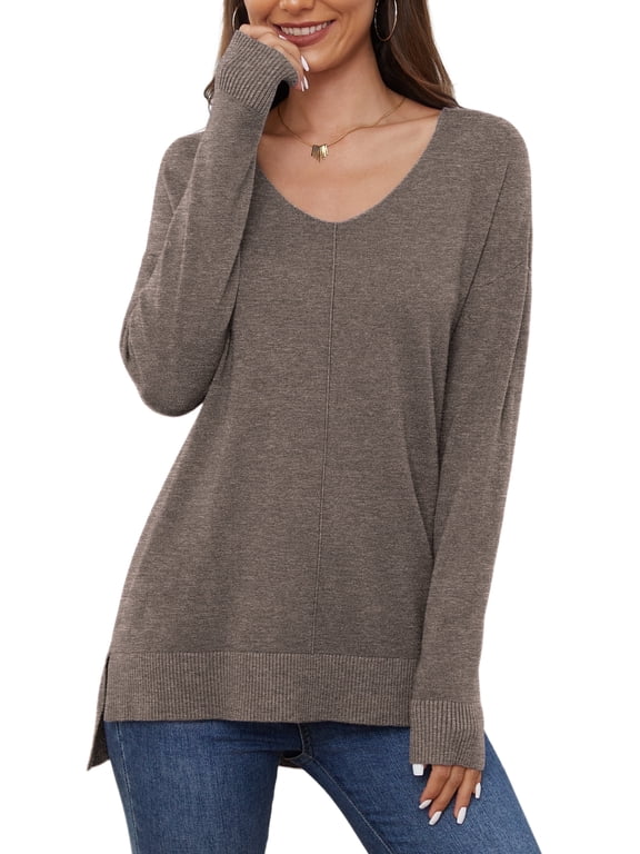 V Neck Sweaters for Women Lightweight Knit Pullover Sweater Tops,US Size S-2XL In Brown