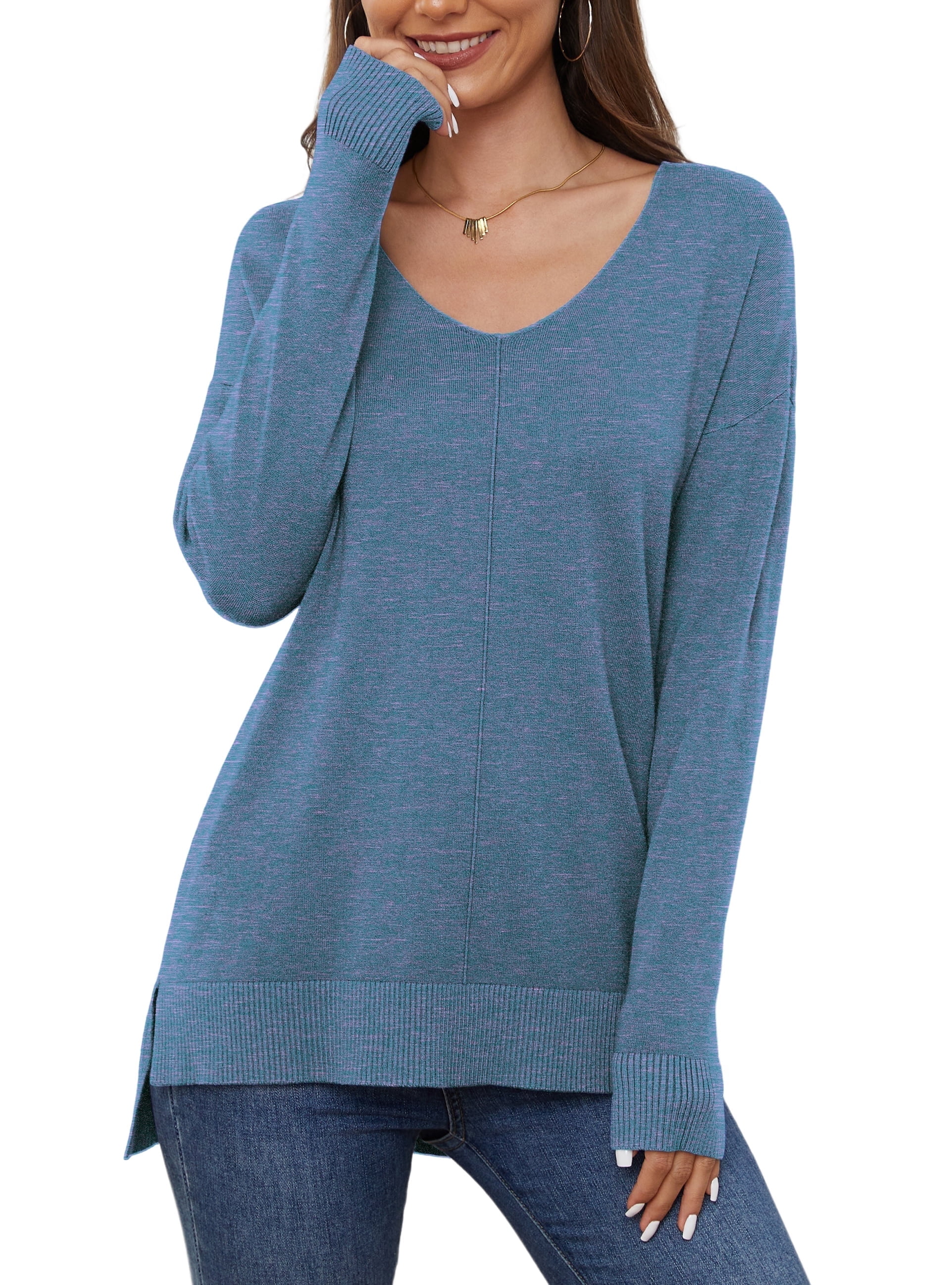 Exte Blue Cotton Top Pullover Deep V-neck Women Sweater main image 0
