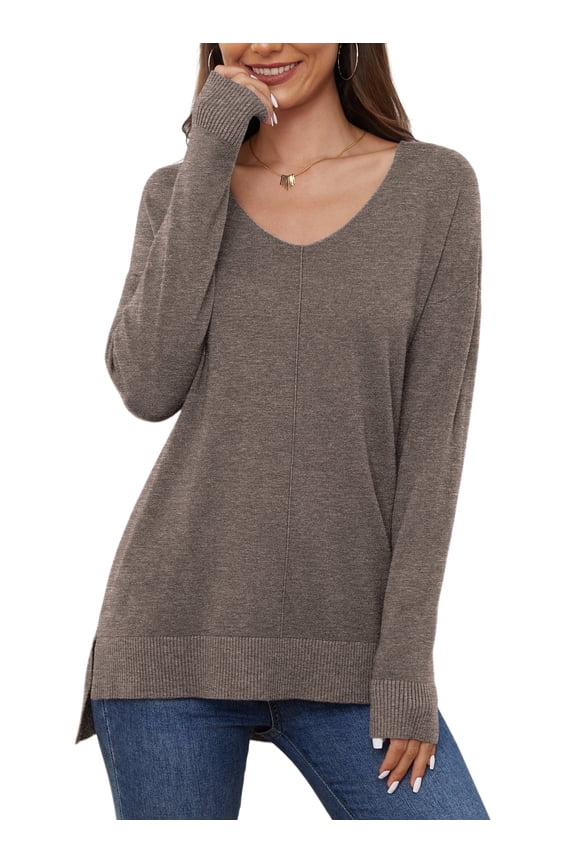 V Neck Sweaters for Women Lightweight Knit Pullover Sweater Tops,US Size S-2XL In Brown