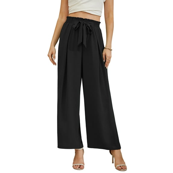 Uvplove Women High Waisted Palazzo Pants Wide Leg Casual Flowy Tie Knot Trousers with Pockets black-l