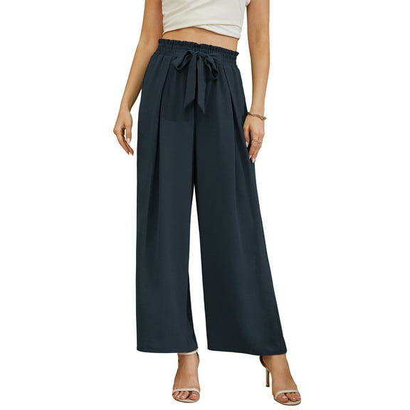 Uvplove Women High Waisted Palazzo Pants Wide Leg Casual Flowy Tie Knot Trousers with Pockets grey-m