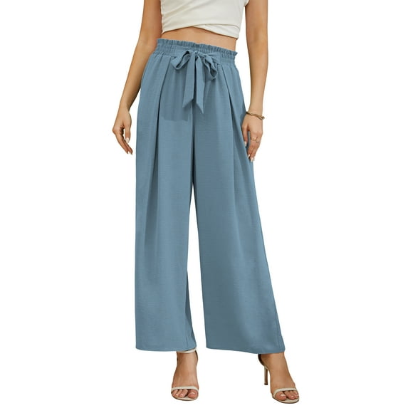 Uvplove Women High Waisted Palazzo Pants Wide Leg Casual Flowy Tie Knot Trousers with Pockets misty blue-l