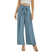 Uvplove Women High Waisted Palazzo Pants Wide Leg Casual Flowy Tie Knot Trousers with Pockets misty blue-m