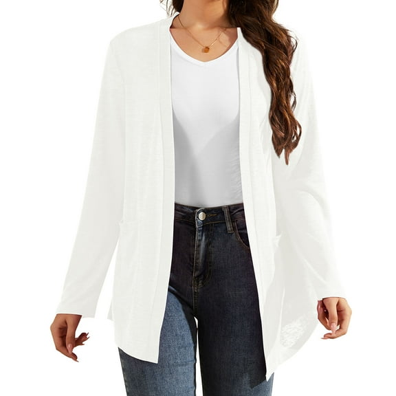 Uvplove Women Long Sleeve Lightweight Cardigan with Pockets Open-Front Tops,White,XL(M-3XL)