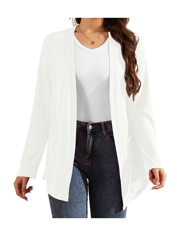 Women Long Sleeve Lightweight Cardigan with Pockets Open-Front Tops,White,2XL(M-3XL)