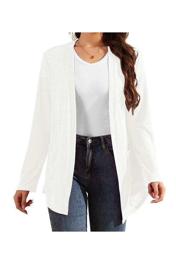 Women Long Sleeve Lightweight Cardigan with Pockets Open-Front Tops,White,XL(M-3XL)