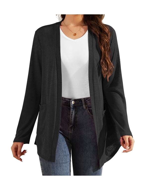 Women Long Sleeve Lightweight Cardigan with Pockets Open-Front Tops,Black,M(M-3XL)