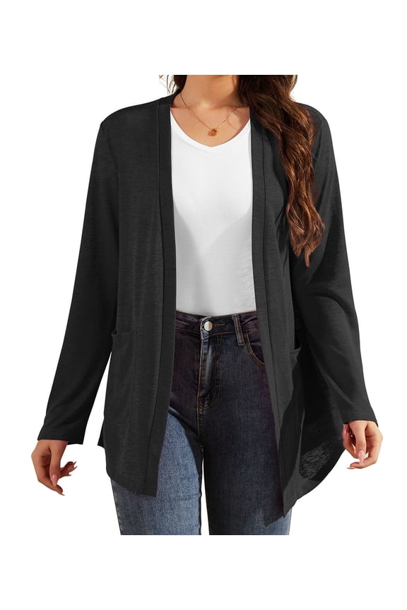 Women Long Sleeve Lightweight Cardigan with Pockets Open-Front Tops,Black,XL(M-3XL)
