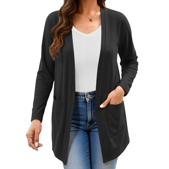 Uvplove Women Long Sleeve Lightweight Cardigan with Pockets Open-Front Tops,Black,L(M-3XL)
