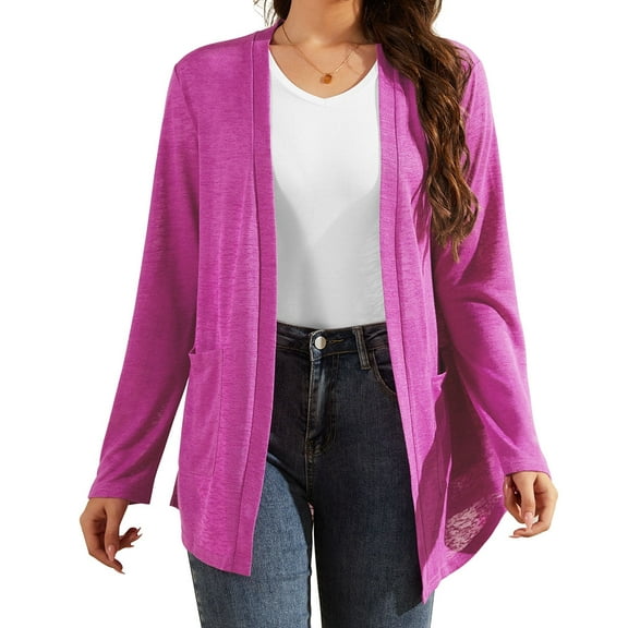 Uvplove Women Long Sleeve Lightweight Cardigan with Pockets Open-Front Tops,Magenta,XL(M-3XL)