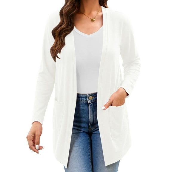 Uvplove Women Long Sleeve Lightweight Cardigan with Pockets Open-Front Tops,White,M(M-3XL)
