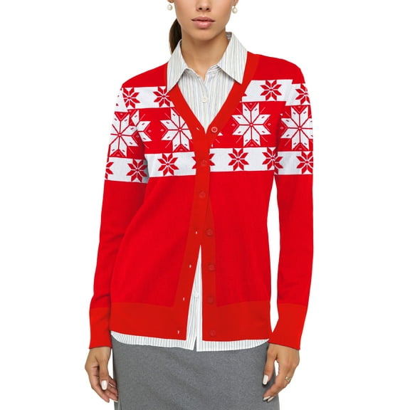 Uvplove Women Long Sleeve Soft Basic Knit Cardigan Sweater,Christmas Snowflake Red,XL,(S-3XL)