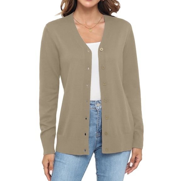 Uvplove Women Long Sleeve Soft Basic Knit Cardigan Sweater,Khaki,S,(S-3XL)