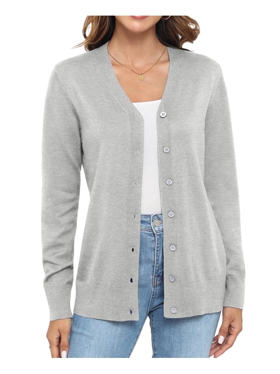 Women Long Sleeve Soft Basic Knit Cardigan Sweater,Light gray,S-3XL