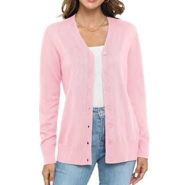 Uvplove Women Long Sleeve Soft Basic Knit Cardigan Sweater,Pink,L
