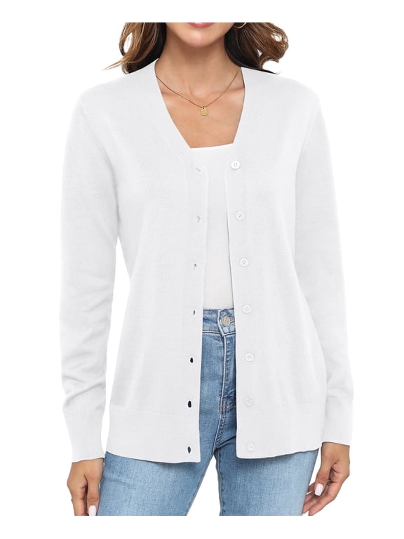 Women Long Sleeve Soft Basic Knit Cardigan Sweater,Pure White,S-3XL