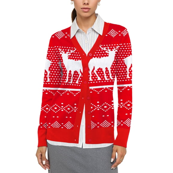 Uvplove Women Long Sleeve Soft Basic Knit Cardigan Sweater,Red Chrismas Elk,XL,(S-3XL)