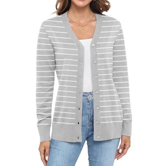 Uvplove Women Long Sleeve Soft Basic Knit Cardigan Sweater,Striped grey white,M,(S-3XL)