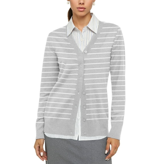 Uvplove Women Long Sleeve Soft Basic Knit Cardigan Sweater,Striped grey white,XL,(S-3XL)