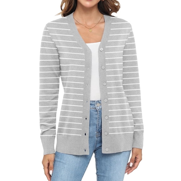 Uvplove Women Long Sleeve Soft Basic Knit Cardigan Sweater,Striped grey white,XL,(S-3XL)