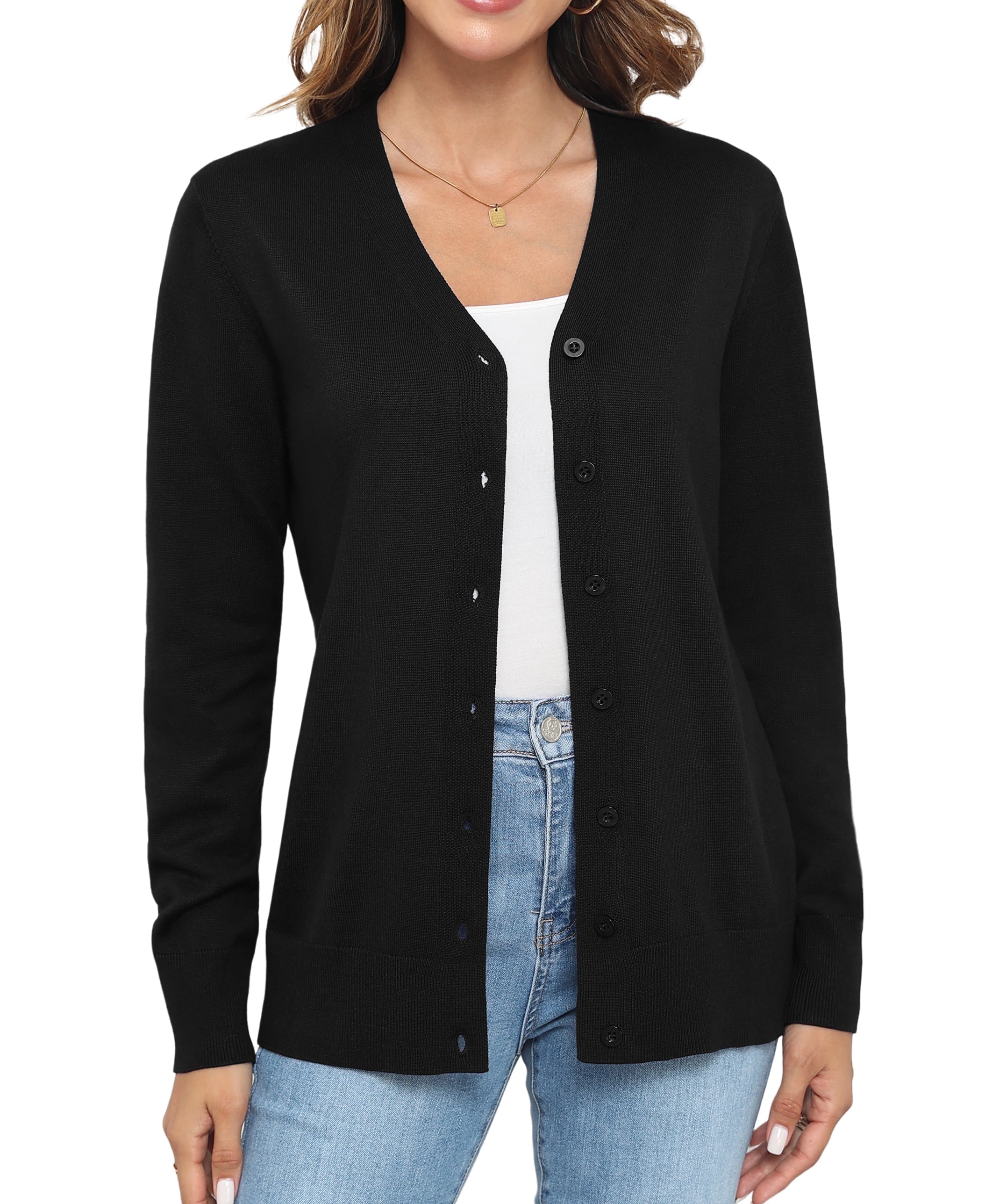 Women Long Sleeve Soft Basic Knit Cardigan Sweater,Black,S-3XL,S
