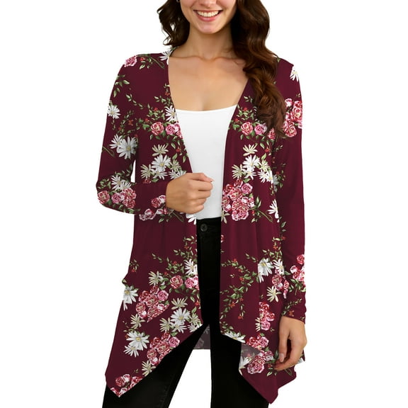 Uvplove Women Lightweight Long Sleeve Knit Cardigan with Pockets,Floral Wine Red,XXL,(S-3XL)