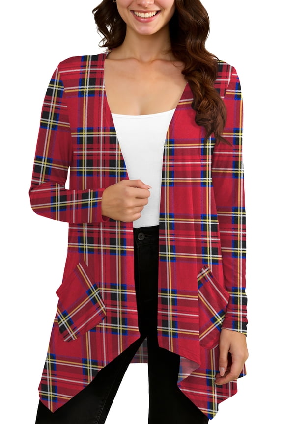 Women Lightweight Long Sleeve Knit Cardigan with Pockets,Floral Red Grid,XXL,(S-3XL)