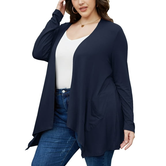 Uvplove Women Plus Lightweight Long Sleeve Knit Cardigan with Pockets,US 2XL-Large in Navy_Blue