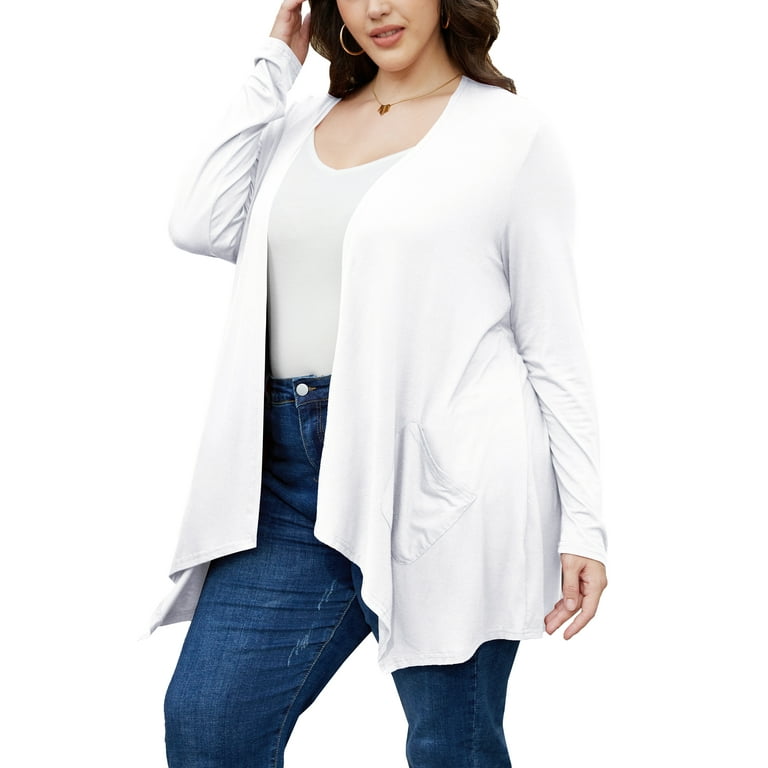 Uvplove Women Plus Lightweight Long Sleeve Knit Cardigan with Pockets US 3XL Large in White