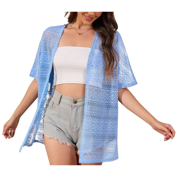 Uvplove Women Swimsuit Cover Up Crochet Summer Bathing Suit Swimwear Beach Vacation Outfits,Light Blue,L