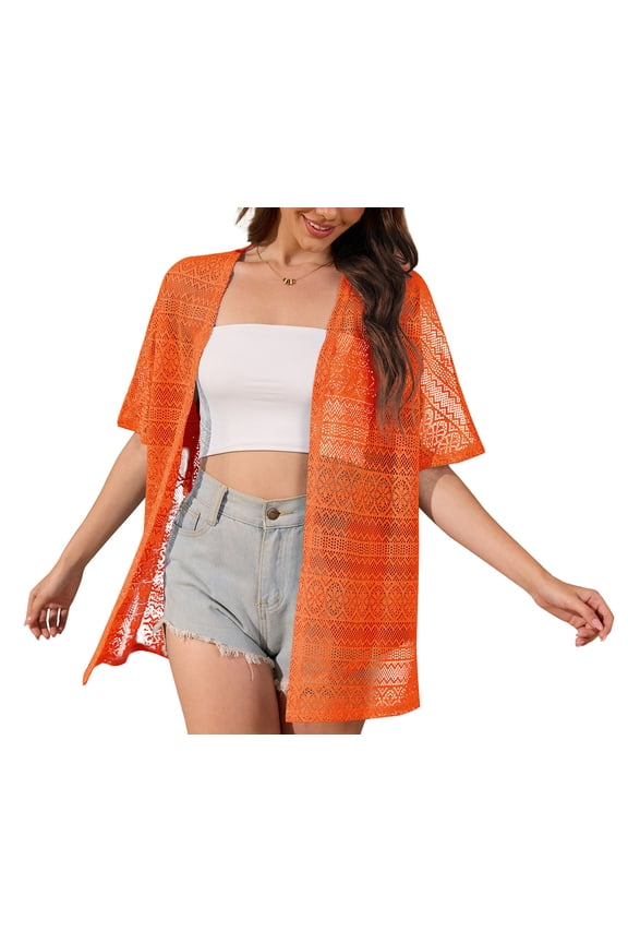 Women Swimsuit Cover Up Crochet Summer Bathing Suit Swimwear Beach Vacation Outfits,Orange,L