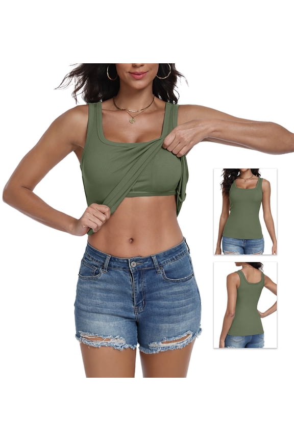 Women Tank Top with Built-in Bra, Crop Camisole Sleeveless Cami, Wireless Stretch Support Top,Army Green,S