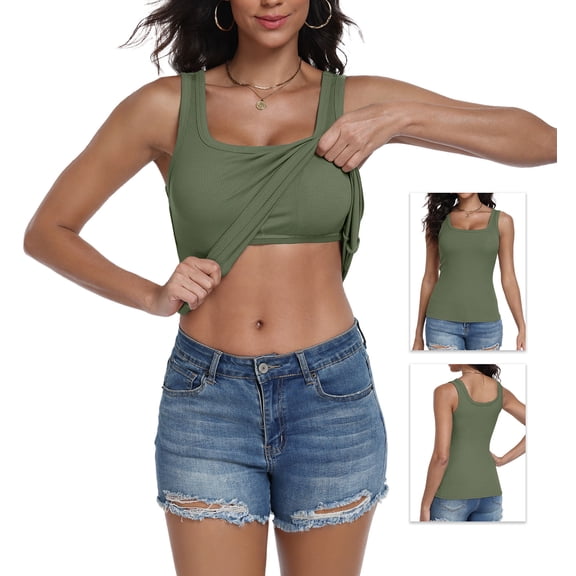 Uvplove Women Tank Top with Built-in Bra, Crop Camisole Sleeveless Cami, Wireless Stretch Support Top,Army Green,XL