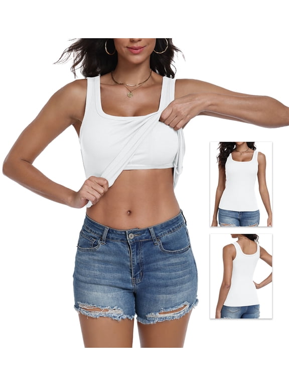 Women Tank Top with Built-in Bra, Crop Camisole Sleeveless Cami, Wireless Stretch Support Top,White,M