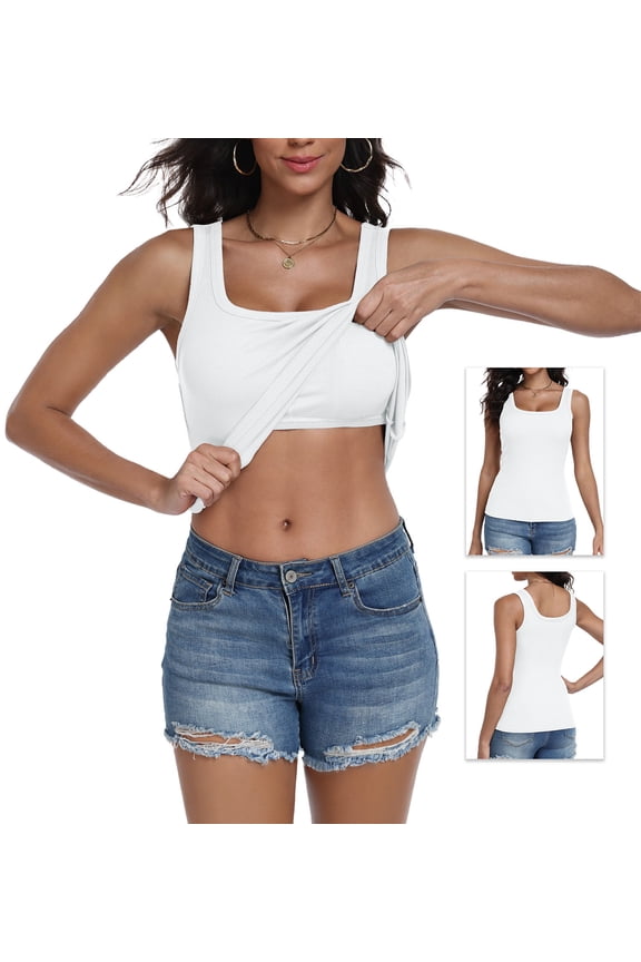 Women Tank Top with Built-in Bra, Crop Camisole Sleeveless Cami, Wireless Stretch Support Top,White,S