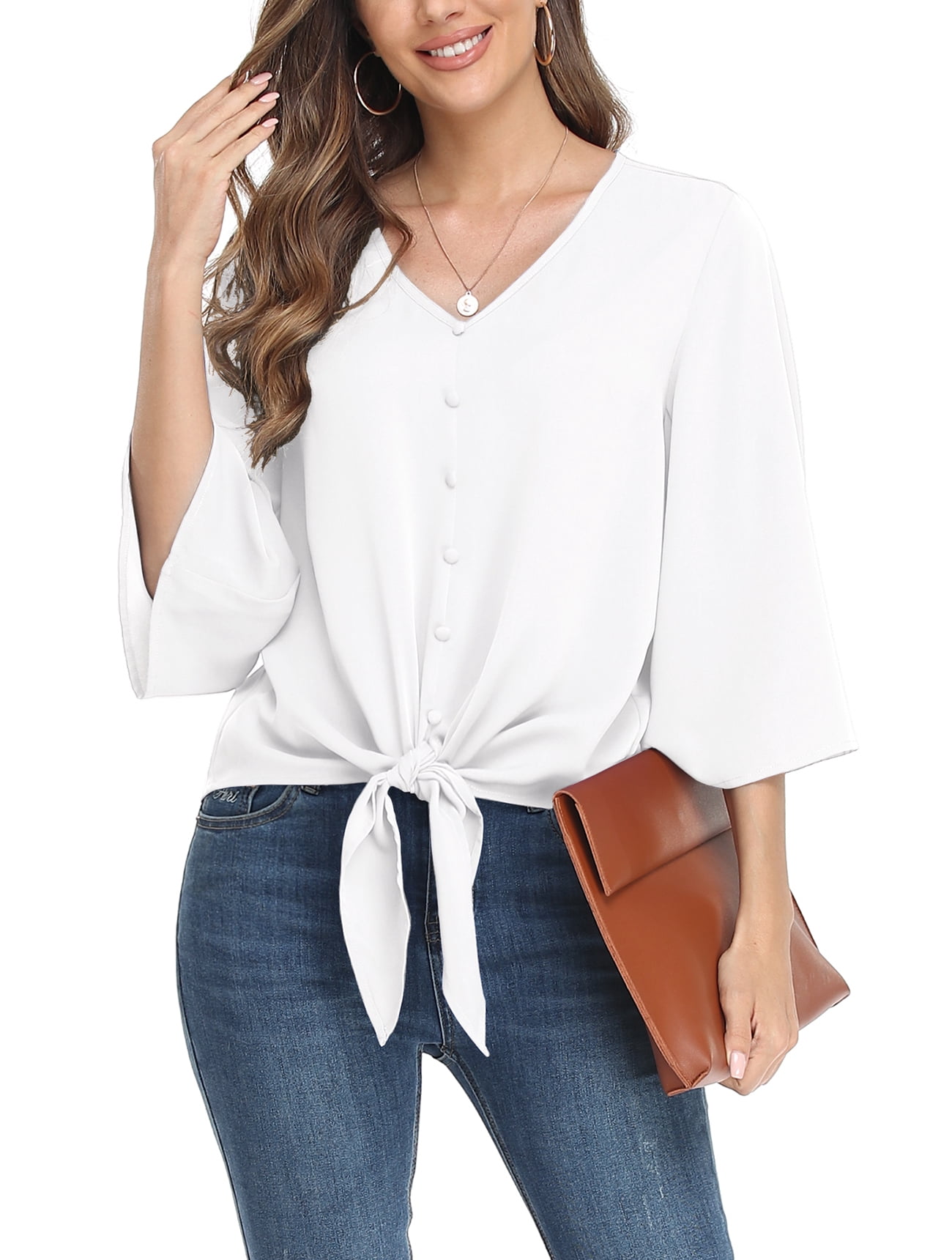 Coloody Women's V-Neck Long Sleeve Blouse - Balloon Sleeve Loose Fit Tunic Top