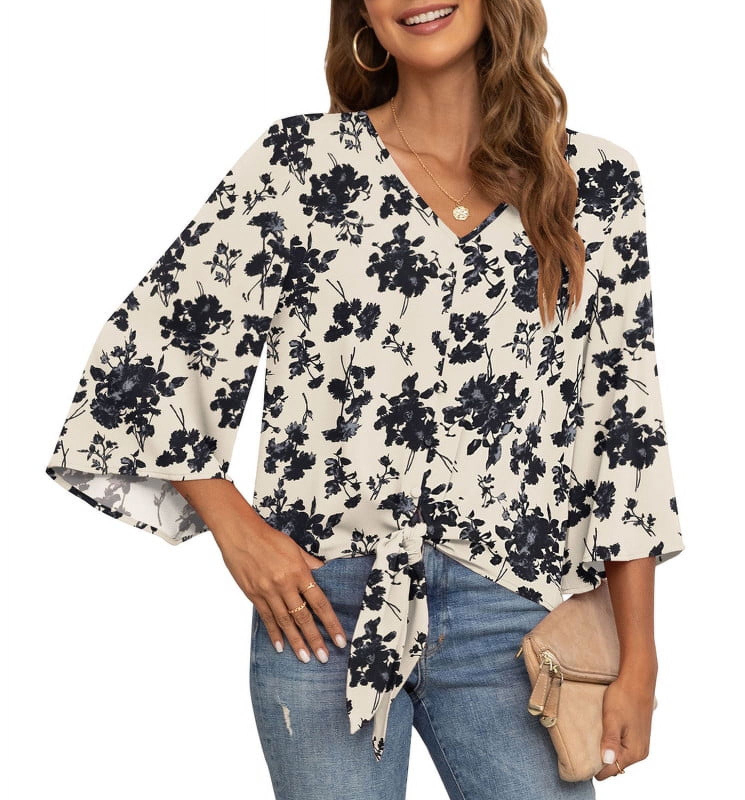 Women's V-neck knotted trumpet sleeve printed chiffon shirt Women's V-neck knotted trumpet sleeve printed chiffon shirt
