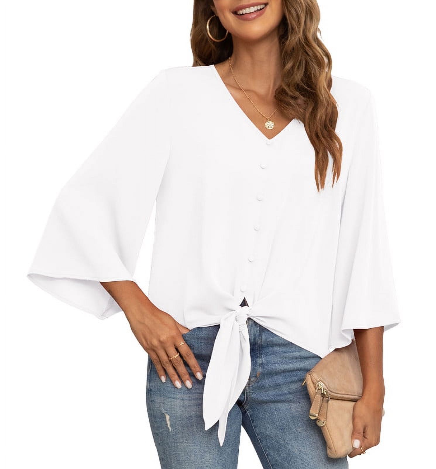 Uvplove Women s V Neck 3 4 Bell Sleeve Blouses Button Up Tie Knot Cute Tops Loose Work Summer Shirts White M Walmart