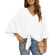 Uvplove Women's V Neck 3/4 Bell Sleeve Blouses Button Up Tie Knot Cute Tops Loose Work Summer Shirts