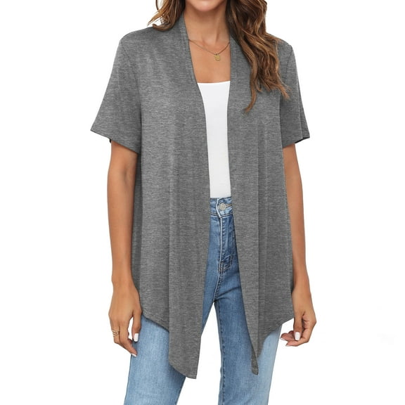 Uvplove Women's Casual Cardigan Short Sleeve Tieable Cardigan Dark_Grey-3XL