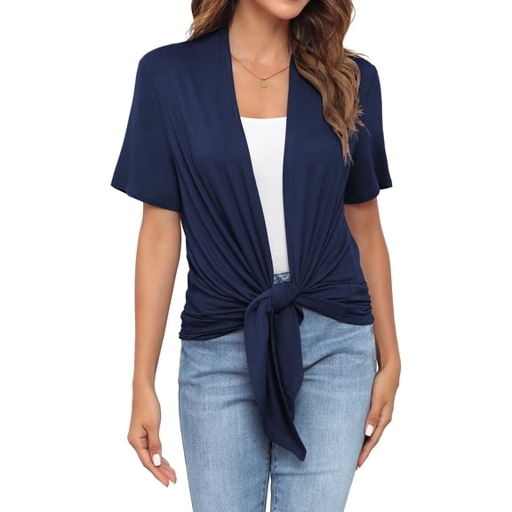 Uvplove Women's Casual Cardigan Short Sleeve Tieable Cardigan Navy_Blue-M