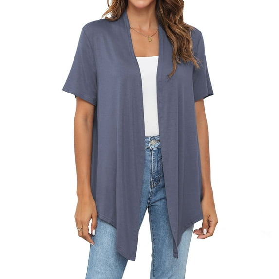 Uvplove Women's Casual Cardigan Short Sleeve Tieable Cardigan Purple_Grey-S