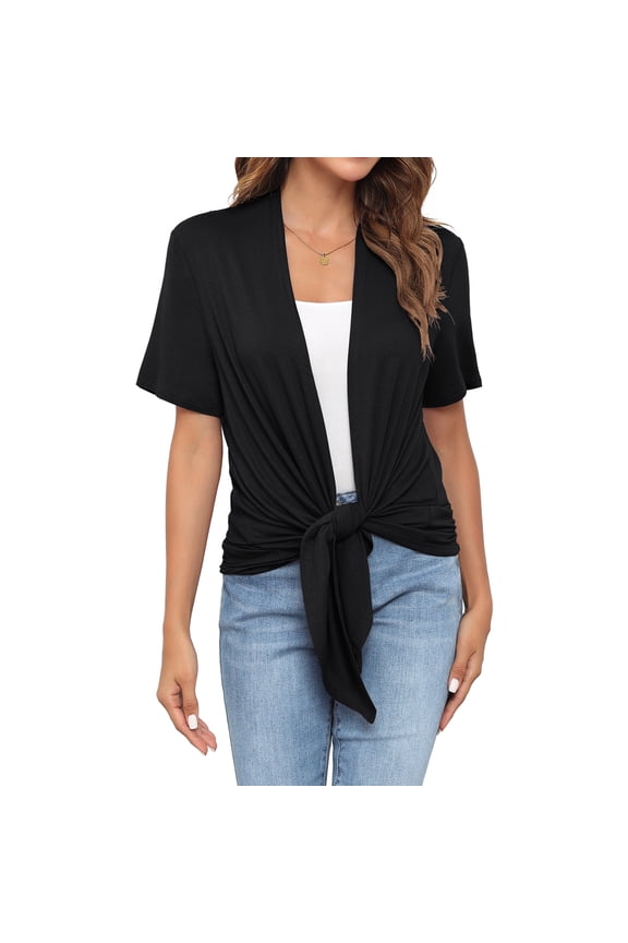 Women's Casual Cardigan Short Sleeve Tieable Cardigan Black-XL