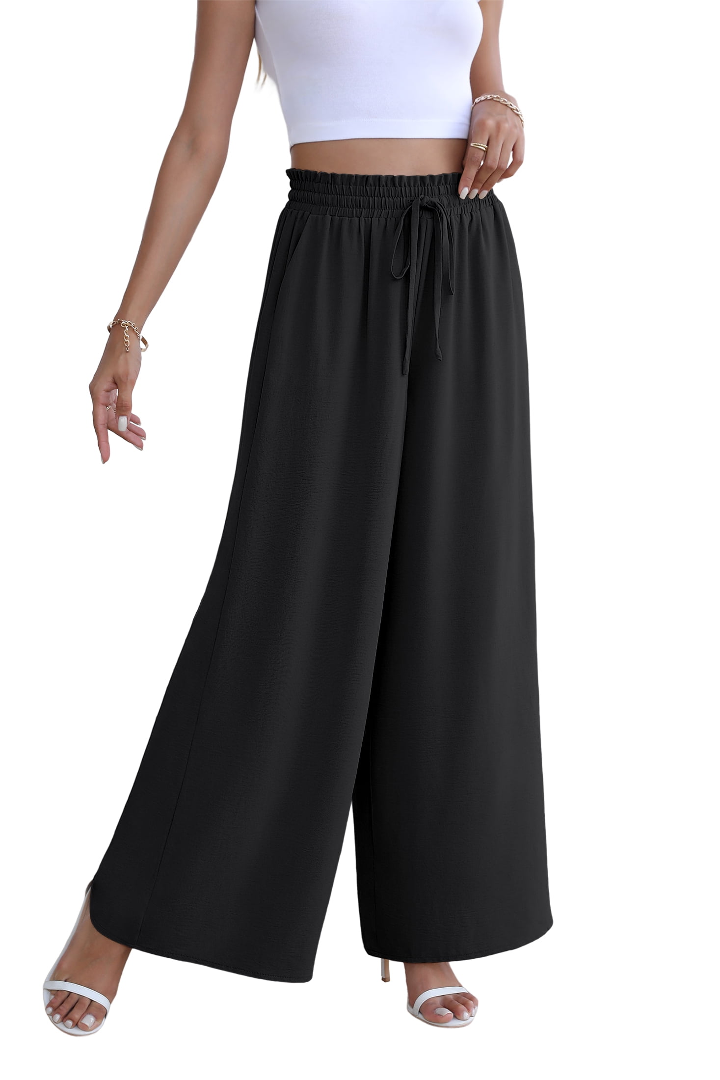 Uvplove Women's Casual Pants Wide Leg Elastic Waist Drawstring Loose ...